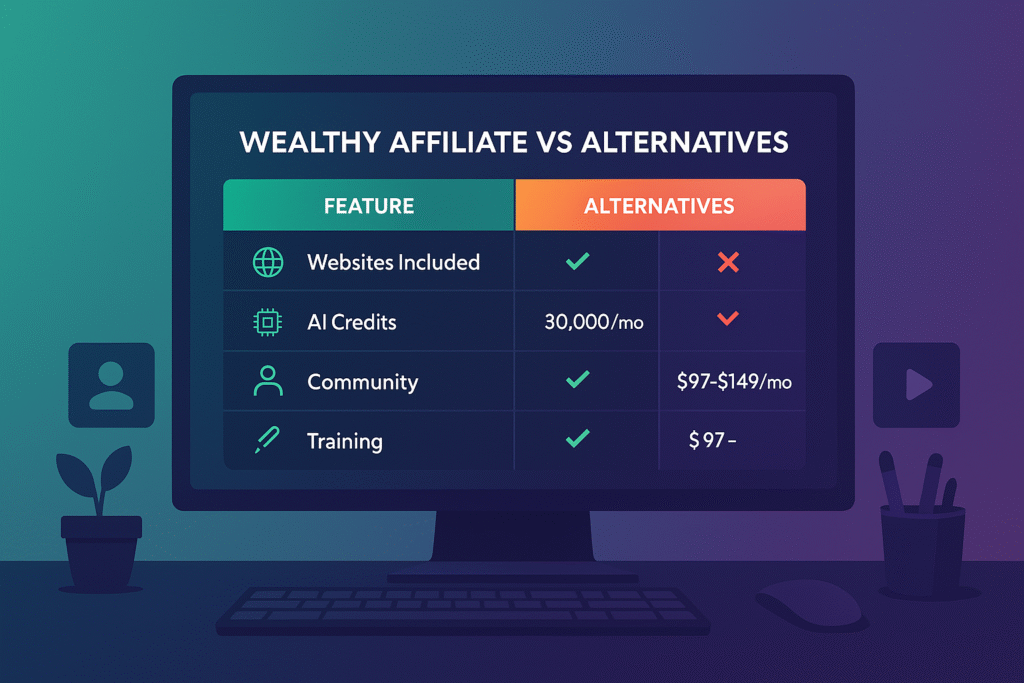 Featured image showing a side-by-side comparison table of Wealthy Affiliate vs alternatives, highlighting key features, pricing, and benefits in 2025.