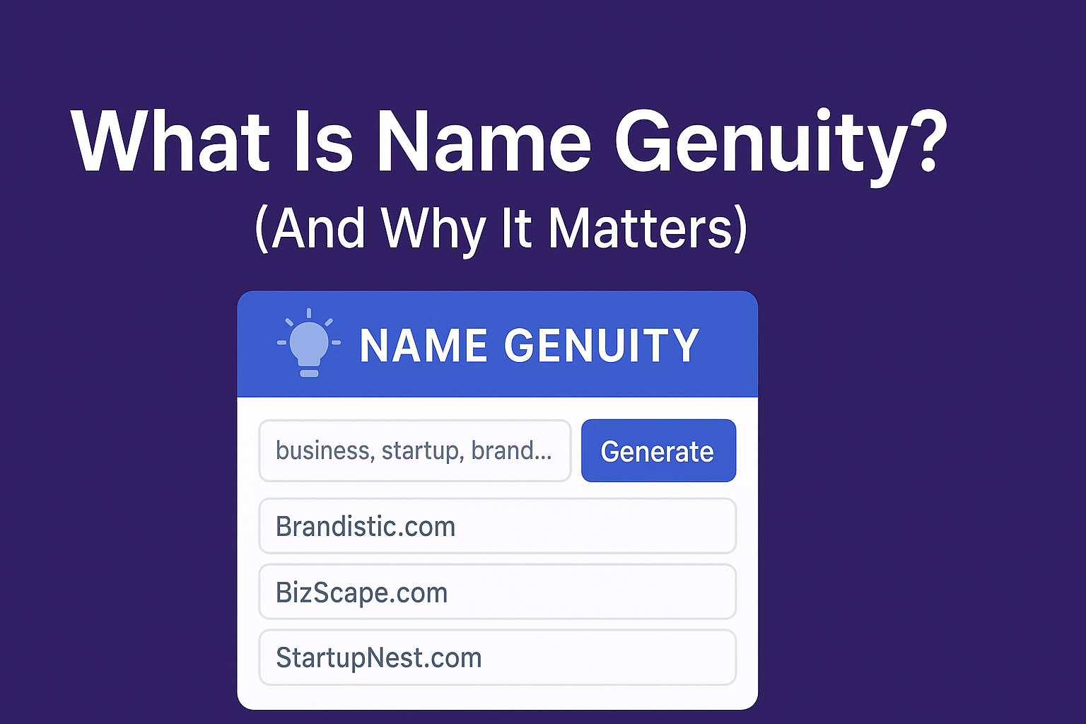 Featured image for the post "What Is Name Genuity?" showing a modern interface with domain name suggestions, highlighting the AI-powered domain name generator.