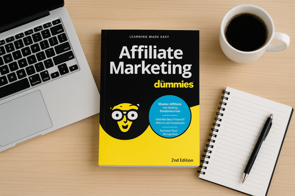 Affiliate Marketing For Dummies review book on a desk beside a laptop, notebook, and coffee — beginner’s guide to affiliate marketing.