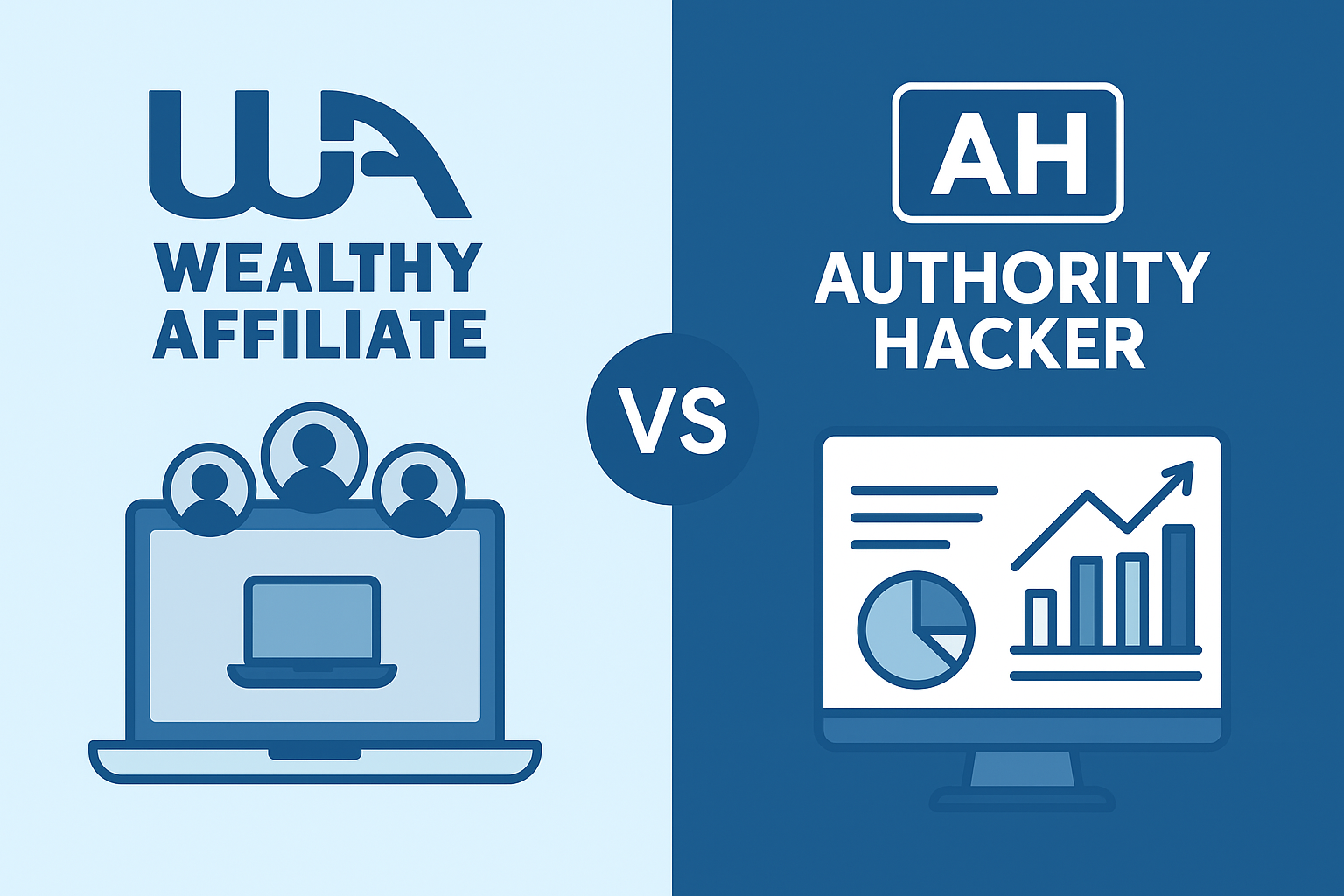 Wealthy Affiliate vs Authority Hacker comparison with logos, laptop, charts, and community icons in a split-screen design.