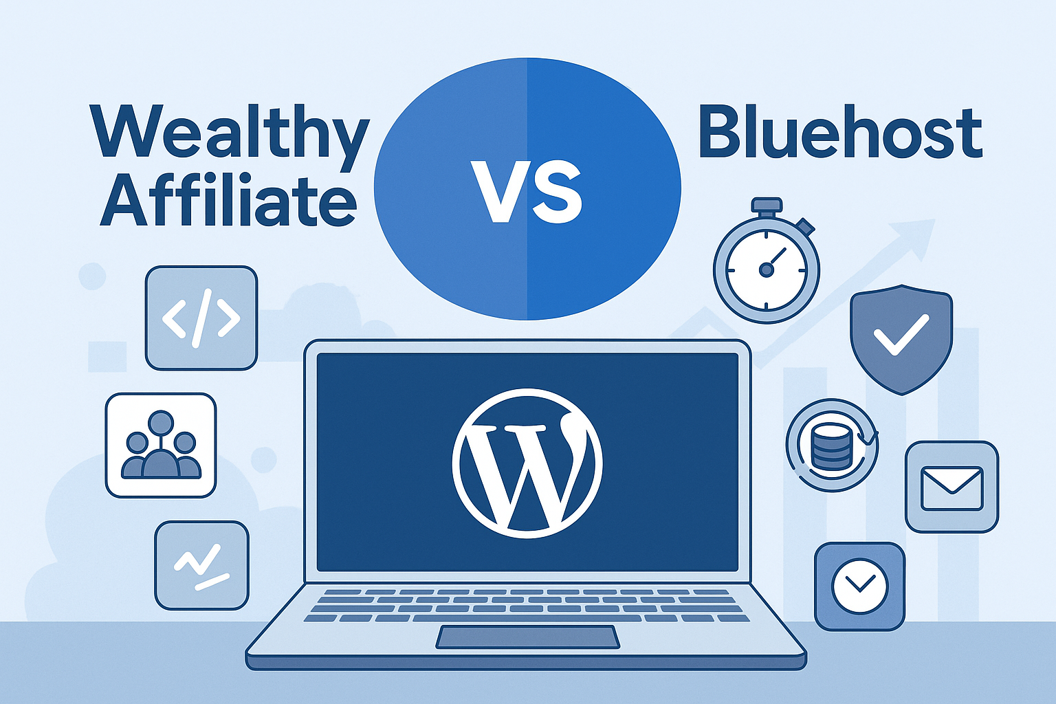 Illustration comparing Wealthy Affiliate and Bluehost, featuring a laptop with the WordPress logo, icons for hosting features like speed, security, and email, and a central "VS" graphic to represent the comparison between affiliate marketing hosting platforms.