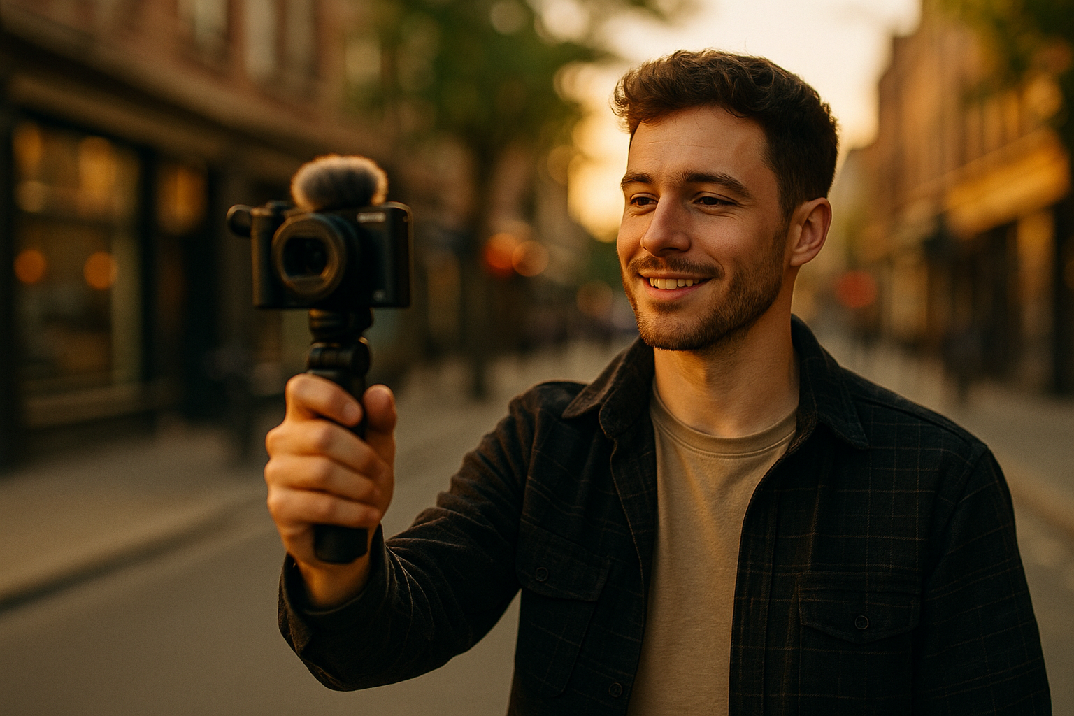 Creator filming a street vlog with a Sony ZV-1F on a Bluetooth shooting grip at golden hour (16:9).