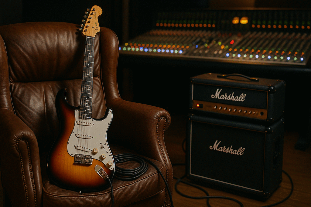 Fender in a leather chair