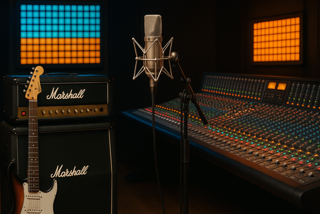 Guitar, Microphone and soundboard