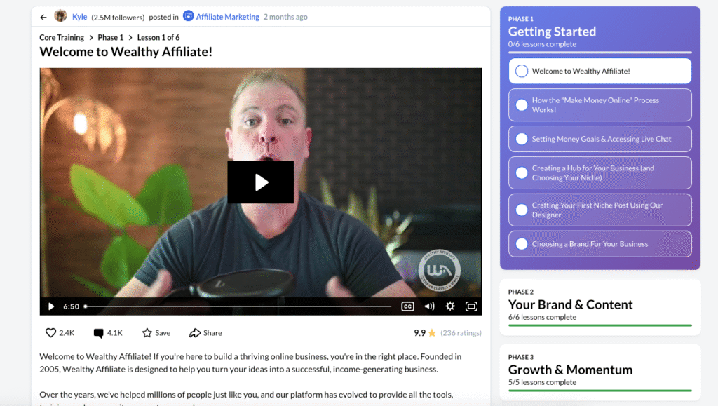 A peek inside of Wealthy Affiliate Training via a screenshot