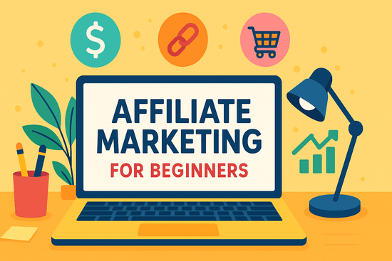 Illustration of a laptop on a desk with symbols for affiliate marketing, including money signs, links, and charts, with the text "Affiliate Marketing for Beginners" on the screen.