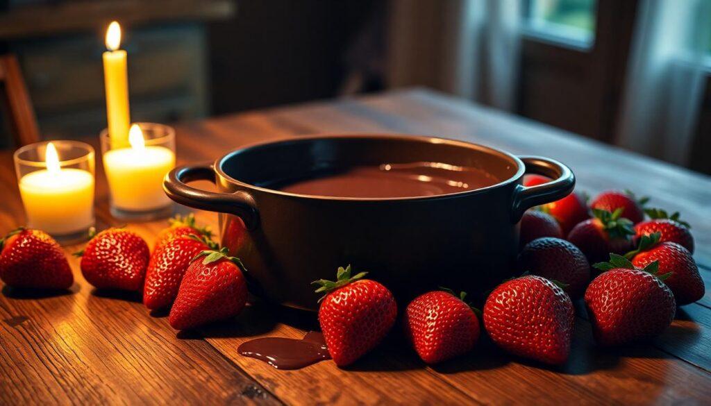 Chocolate fondue with strawberries on a table