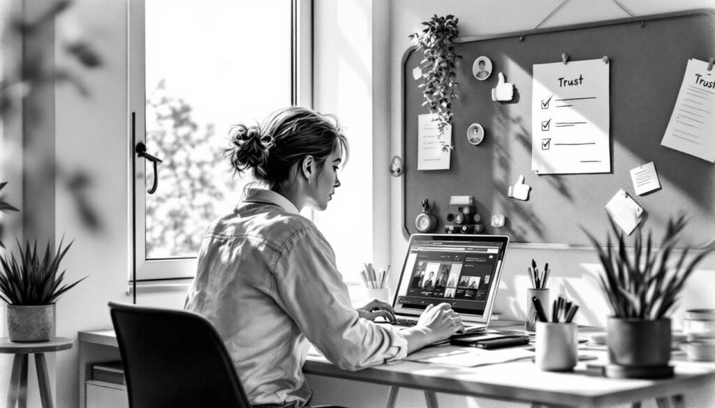 Affiliate marketer typing on laptop with “trust” icon overlay, trying to build trust and credibility in affiliate marketing