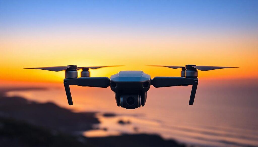 Drone flight at sunset