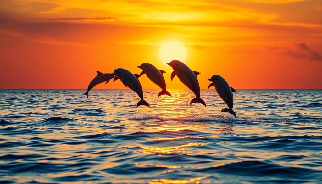 Dolphins leaping at sunset