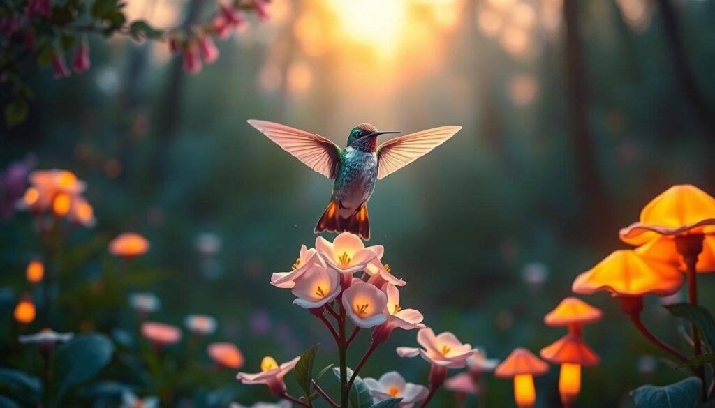 Hummingbird among glowing flowers