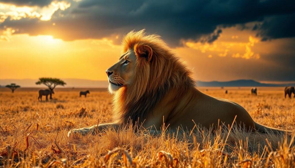 Majestic Lion in a sunlit african savannah