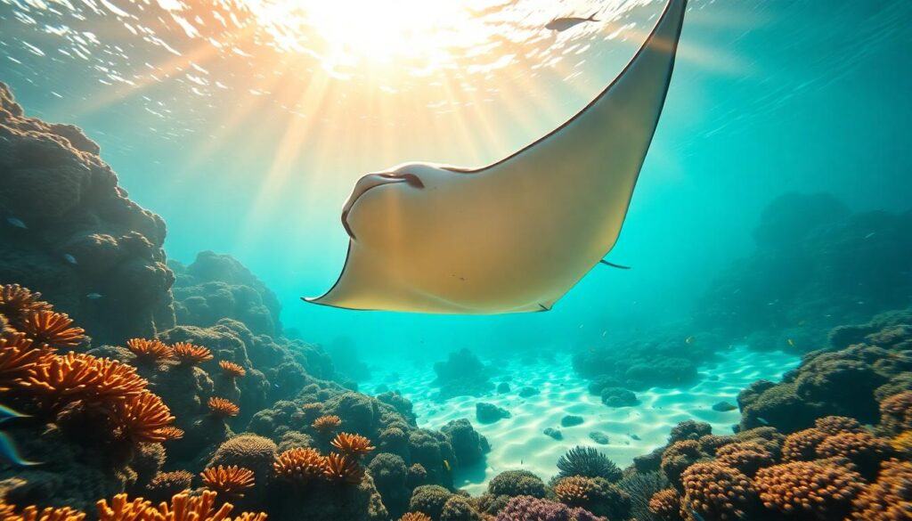 Manta Ray gliding underwater near a reef