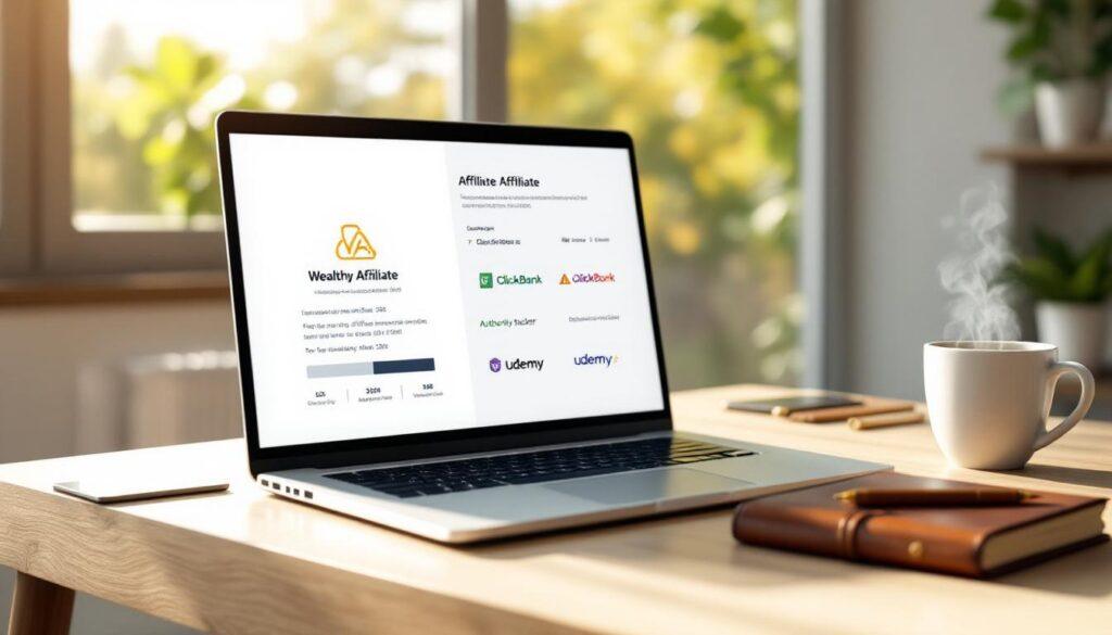 Laptop on a desk displaying a comparison chart of Wealthy Affiliate and its alternatives, with platform logos like ClickBank, Authority Hacker, and Udemy.