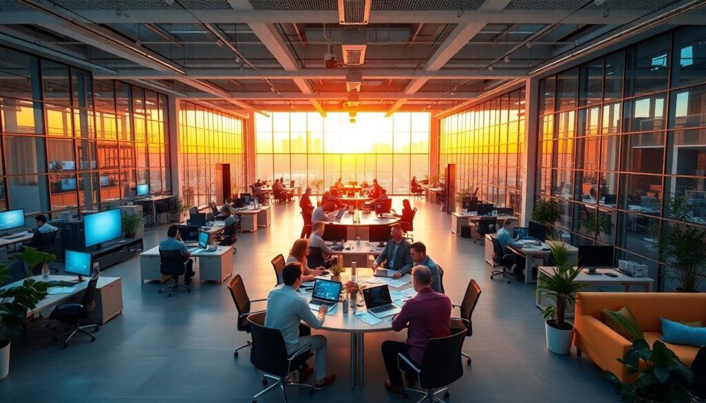 Open office space with people working.