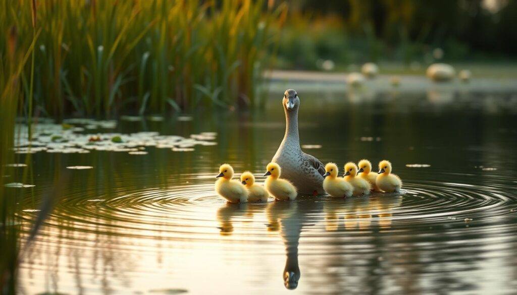 Mom and ducklings on the pond