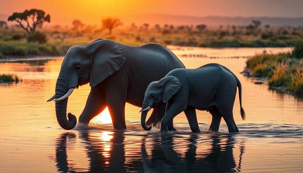 Mother Elephant and baby walking in the water