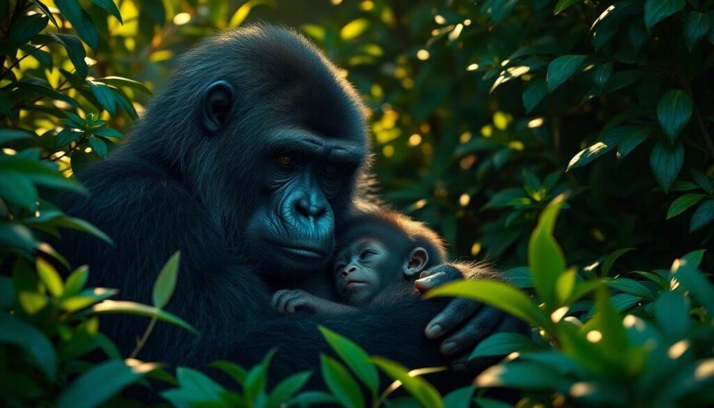 Mother gorilla and child