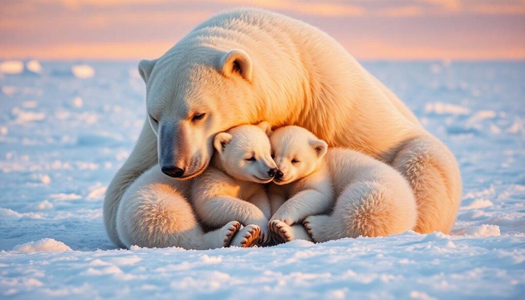 Mother polar bear and 2 cubs in the snow