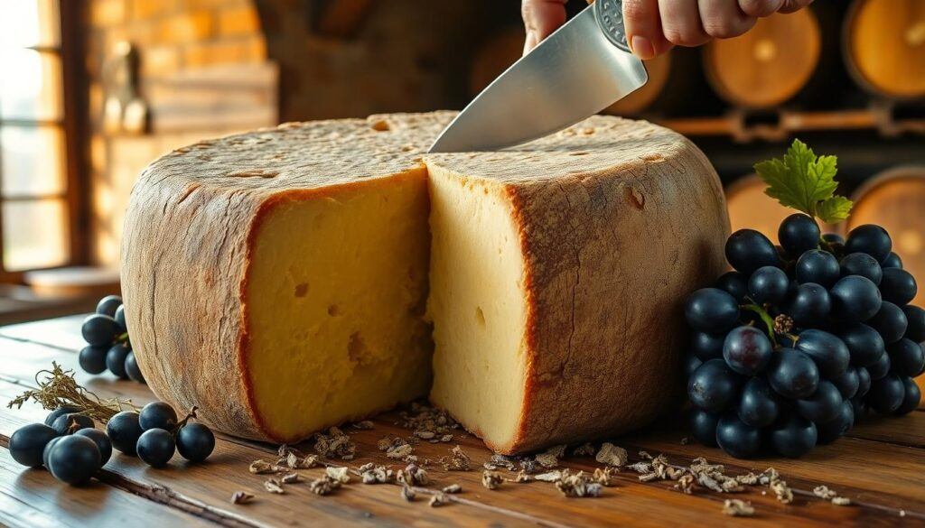 cutting a cheese wheel