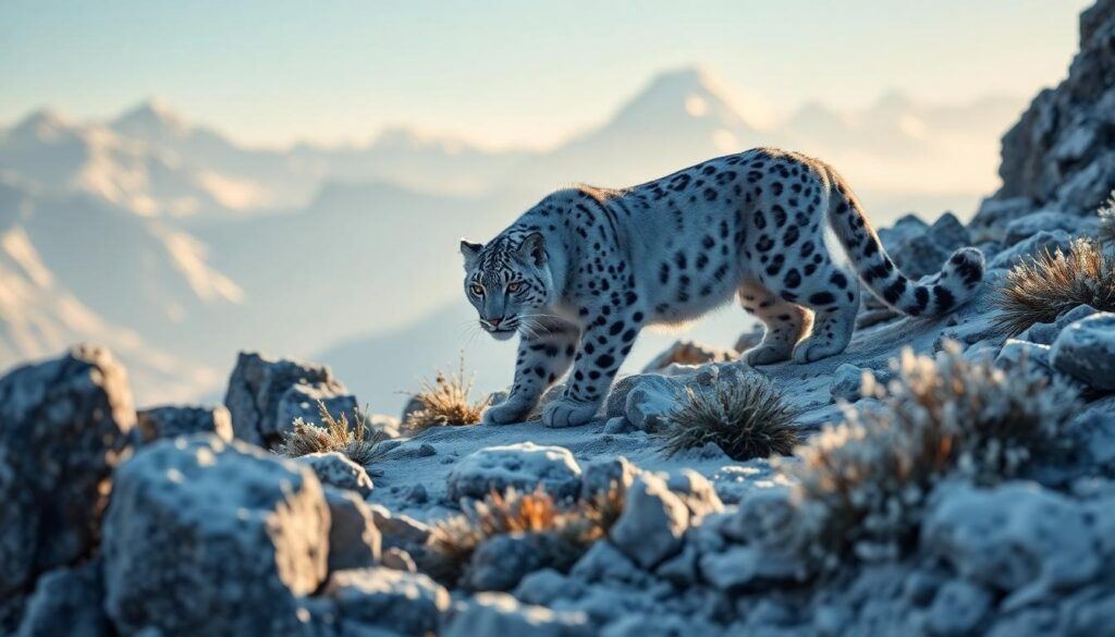 Snow leopard on rocky terrain