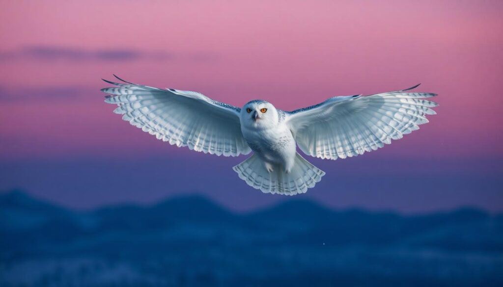 Snow Owl in flight at twilight