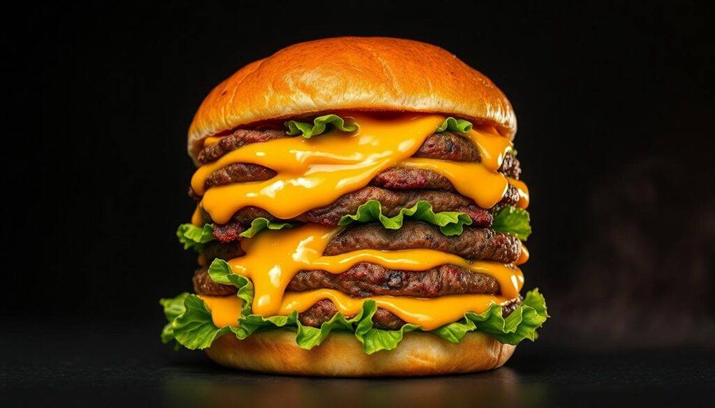 Towering cheeseburger with lettuce