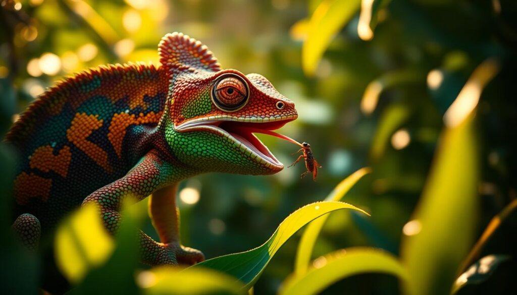 Chameleon having lunch in the rainforest