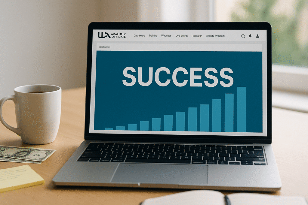 Laptop on desk showing Wealthy Affiliate success dashboard with notes and coffee.