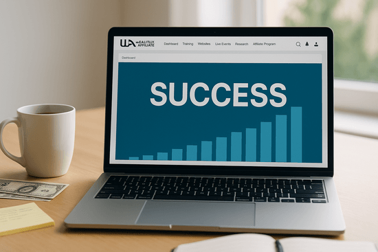 Laptop on desk showing Wealthy Affiliate success dashboard with notes and coffee.