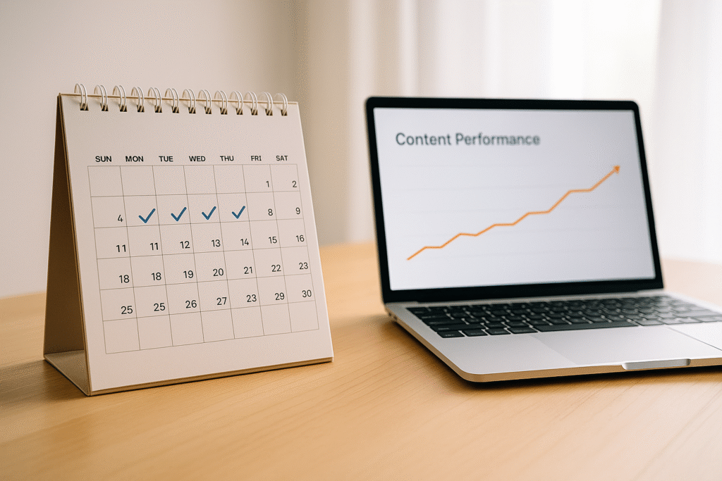 Calendar with weekly check marks and a laptop showing steady growth in content performance.