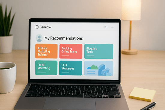 Laptop showing Benable recommendations on a desk with coffee and notes.