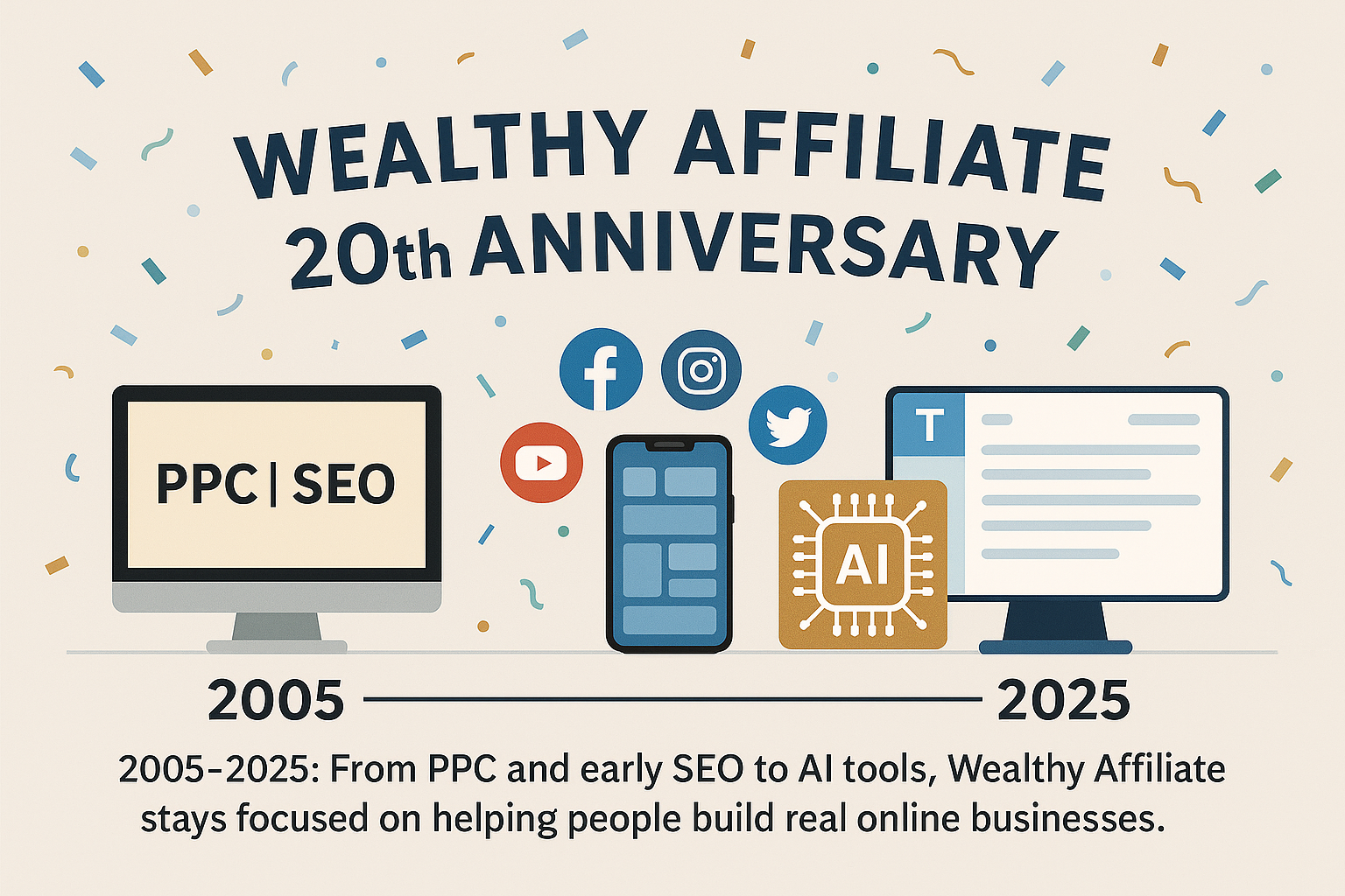 Timeline from 2005 to 2025 showing the Wealthy Affiliate 20th anniversary, moving from PPC and early SEO to AI.