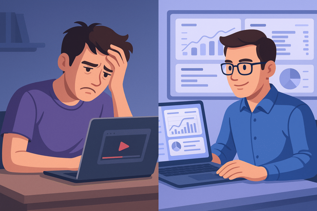 A split-screen image of a frustrated YouTuber with low views contrasted with the same creator reviewing analytics and keywords on a dashboard, symbolizing how YouTube growth tools like vidIQ support SEO and channel growth.