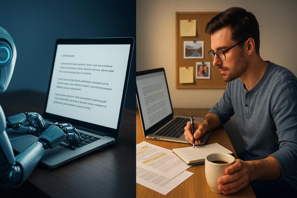 Split screen of AI blogging versus human blogging, showing a robot typing generic content and a human blogger adding personal notes and photos, symbolizing authentic Wealthy Affiliate blogging.