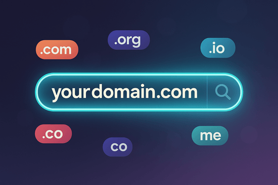 A glowing search bar showing “yourdomain.com” being typed, surrounded by domain extensions like .com, .org, .io, and .co. Clean, modern design with an inspiring feel.