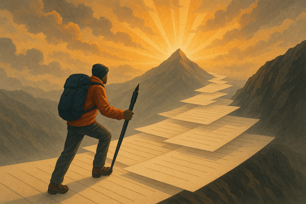 A lone climber ascending a mountain at sunrise, holding a pen instead of a climbing pole. The path ahead blends into sheets of paper, symbolizing content creation. Bright, motivational light breaking through clouds.