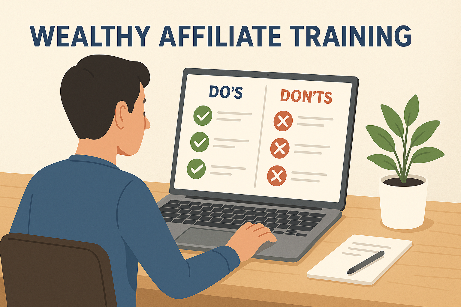 A beginner sitting at a desk with a laptop, exploring Wealthy Affiliate training modules, with checkmarks for do’s and crossed-out symbols for don’ts.