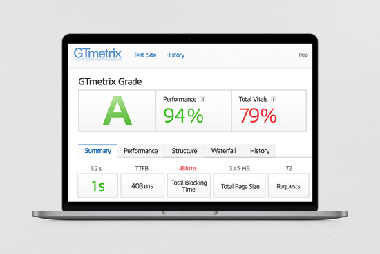 GTmetrix speed test results for WordPress site performance showing green performance score and red Core Web Vitals issues on laptop screen.