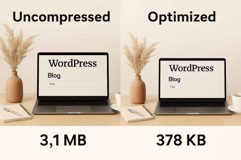 Side-by-side comparison of WordPress blog images showing uncompressed large file size 3.1 MB versus optimized smaller file size 378 KB, highlighting website speed improvement.