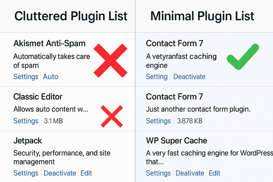 Side-by-side WordPress plugin dashboard comparison showing cluttered plugin list with red Xs over unused plugins on the left and clean minimal plugin list with green checkmarks on the right.