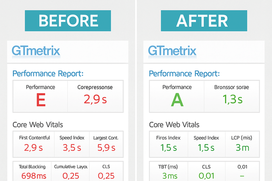 Split-screen GTmetrix website speed test results showing Before with poor performance in red and After with improved performance scores in green