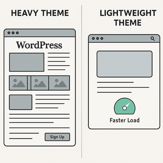 Side-by-side comparison of WordPress themes showing a cluttered heavy theme with many elements on the left and a clean lightweight theme with a faster load indicator on the right.