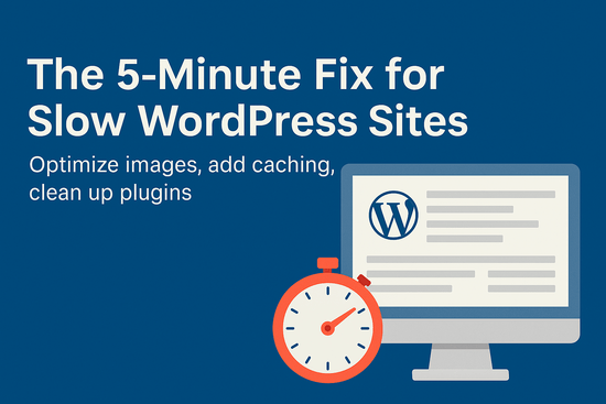Featured image showing WordPress dashboard on a monitor with a stopwatch, symbolizing the 5-minute fix for slow WordPress sites.