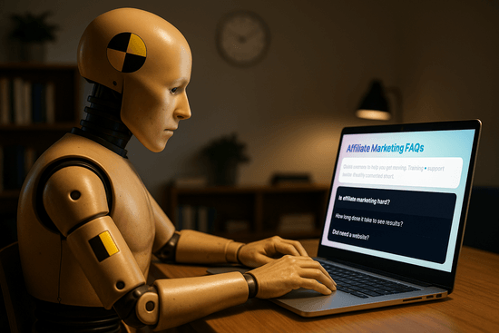 Crash test dummy looking at an online FAQ page about affiliate marketing, symbolizing beginners learning step by step with Wealthy Affiliate.