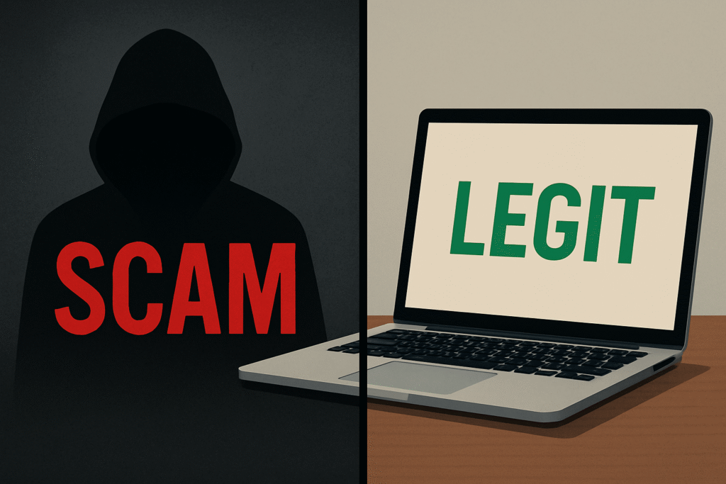 Split scene showing scam vs legit in affiliate marketing — shadowy figure with “SCAM” beside a laptop with “LEGIT” highlighted.