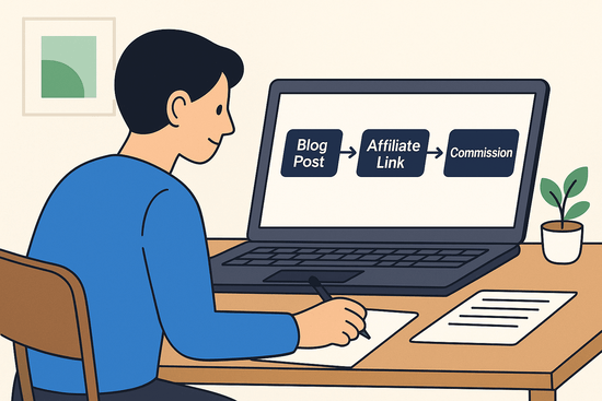 Diagram showing affiliate marketing process: blog → affiliate link → purchase → commission.