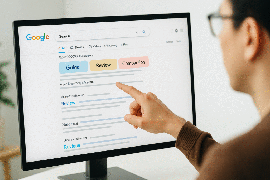 A person points at a computer screen displaying a Google search results page, with the top results highlighted in blue, yellow, and red labeled Guide, Review, and Comparison, symbolizing analysis of search intent.