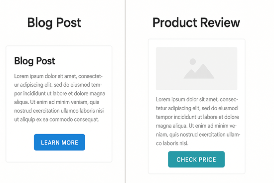 A split-screen web layout shows a blog post with a blue “Learn More” button on the left and a product review with a teal “Check Price” button on the right, both designed in a clean and modern style.