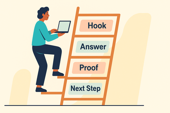 A flat-style illustration of a person climbing a ladder while holding a laptop. The rungs are labeled Hook, Answer, Proof, and Next Step, symbolizing structured content growth, with a simple modern background.